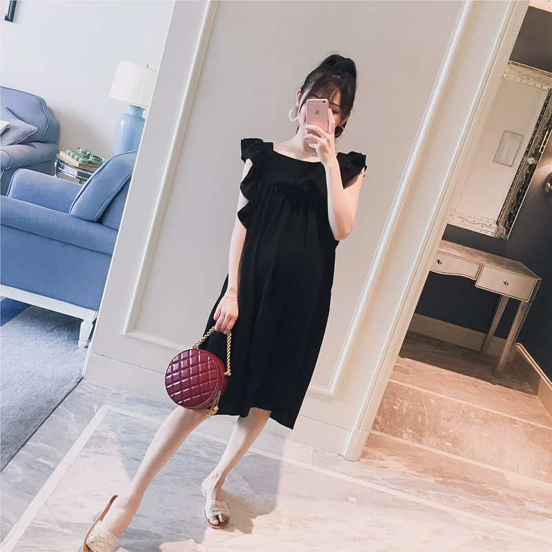 Thai sản mặc 2018 mùa hè mới Hàn Quốc phiên bản của bay vuông bay tay áo thời trang lỏng phụ nữ mang thai hot mom dài ăn mặc shop đồ bầu