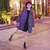 Mùa thu và mùa đông phụ nữ Hàn Quốc retro kẻ sọc dày len áo sinh viên lỏng phần dài houndstooth áo len áo khoác choàng nữ