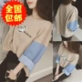 2017 mùa thu phụ nữ mới của Hàn Quốc phiên bản của vòng cổ hoang dã denim lỏng khâu dài tay áo thun áo len áo sơ mi nữ triều váy cho người trung niên