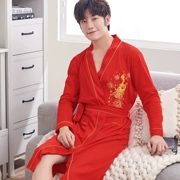 Áo ngủ nam áo choàng cotton mùa hè yukata kimono mùa xuân và mùa thu màu đỏ đám cưới dài phần mỏng đồ ngủ