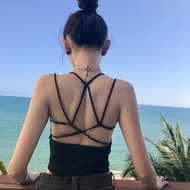Mùa hè của phụ nữ Hàn Quốc phiên bản của cross-back lại Slim sling bên ngoài mặc dưới vẻ đẹp trở lại vest với ngực pad áo sơ mi ngắn thời trang nữ