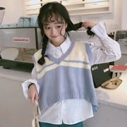 Mùa xuân và mùa hè Hàn Quốc lỏng ulzzang đan áo sơ mi sinh viên + áo len ngắn tay áo vest phù hợp với nữ