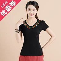 Mùa hè mới gió quốc gia phụ nữ ăn mặc áo sơ mi Trung Quốc phong cách thêu v-cổ ngắn tay kích thước lớn t-shirt đáy áo sơ mi nữ áo thun tay lỡ