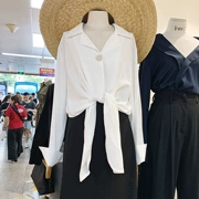 Đầu thu mới phiên bản Hàn Quốc của khí chất đơn giản dài tay đơn phía trước dây đeo ve áo ve áo màu rắn áo sơ mi nữ quần áo - Cộng với kích thước quần áo