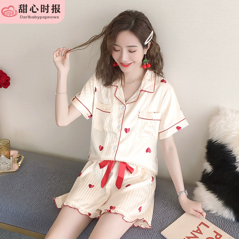 Bộ đồ ngủ nữ bằng lụa mùa hè Hàn Quốc mỏng gợi cảm dễ thương lụa ngắn tay hai mảnh phù hợp với mùa xuân và mùa thu nhà dịch vụ trái tim đào - Giống cái