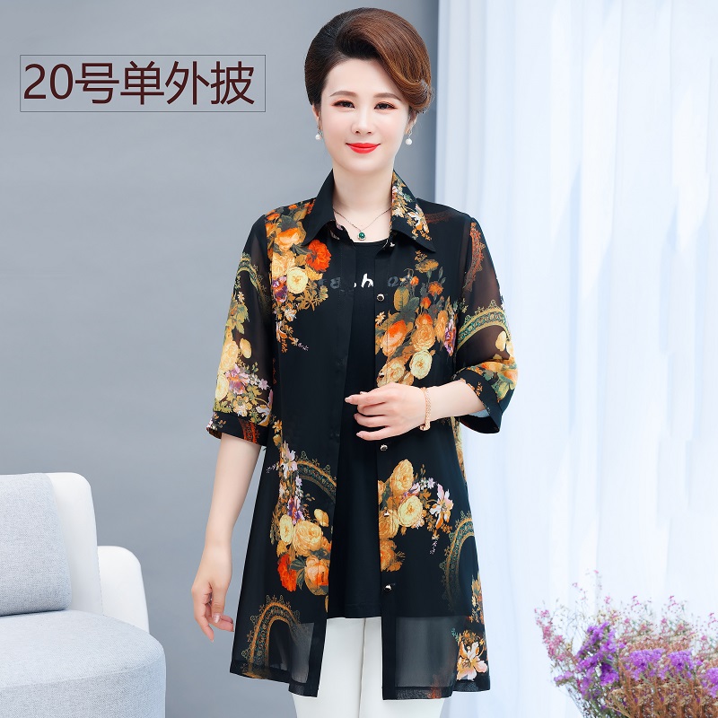 No.20 Coatmom summer wear Outside Chiffon Cardigan shirt Big size Middle aged and elderly Women's wear Shawl loose coat Medium and long term Sunscreen