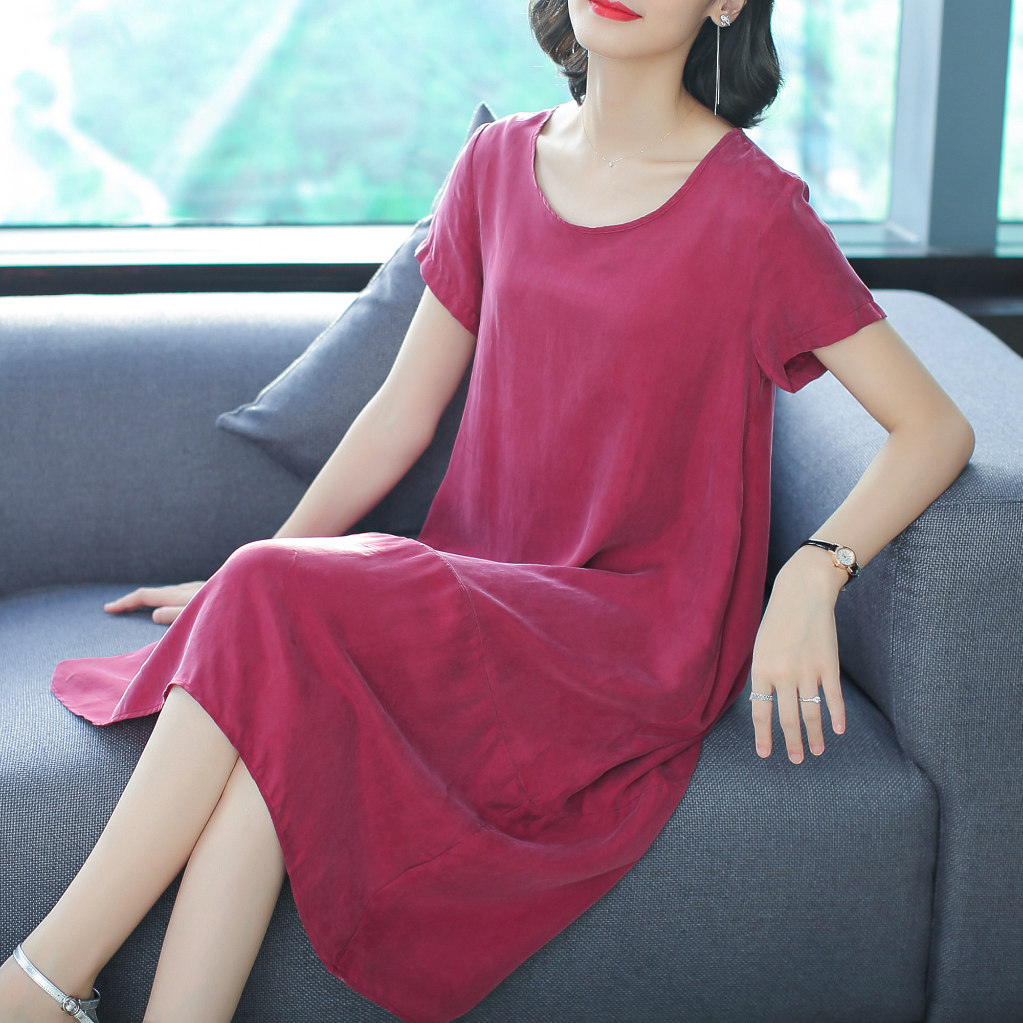 铜氨丝连衣裙2018新款女装宽松ins超火短袖a字长裙气质裙子女夏