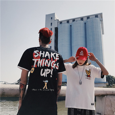 028216实拍 潮牌个性女短袖t恤韩版宽松日系原宿bf风夏学生情侣装