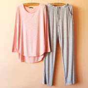 Đồ ngủ nữ mùa xuân và mùa thu tre cotton dài tay màu cotton giản dị XL phù hợp với dịch vụ nhà có thể được mặc - Pyjama