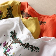 Mùa hè phụ nữ thêu cây phong cảnh lỏng lẻo áo thun ngắn tay nữ Áo sơ mi nghệ thuật đa năng đơn giản WC32 - Áo phông