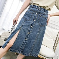 K chị em tự chế cao bồi là rất bận rộn tích cực và tiêu cực mặc thời trang chia cao eo denim váy túi hip vá pocket nửa chiều dài váy chân váy trắng dài