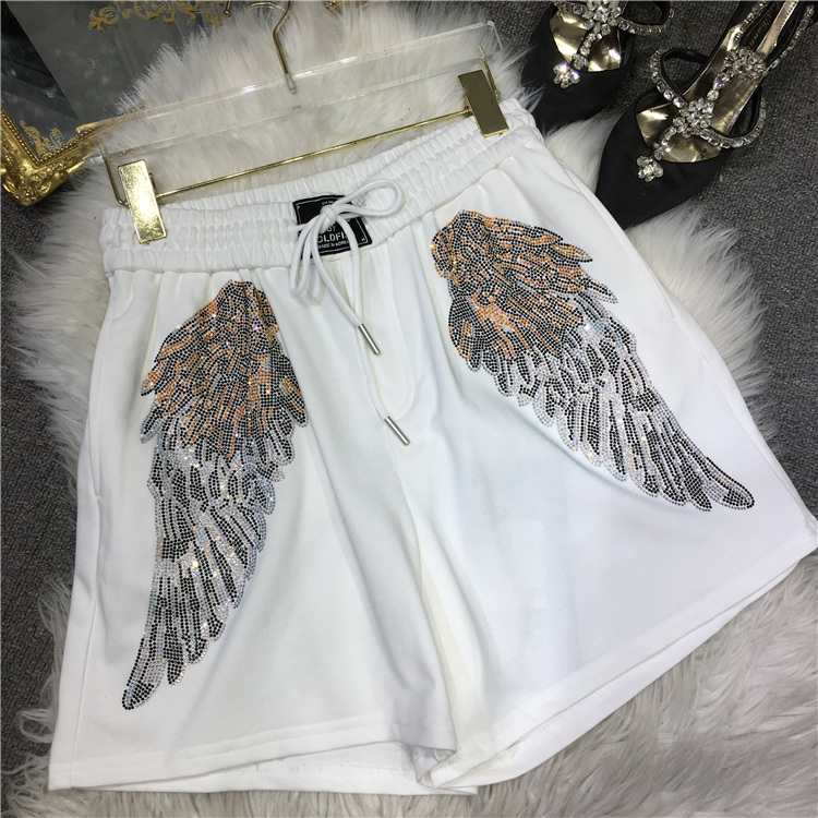 WhiteEuropean goods heavy industry Hot drilling shorts 2021 new pattern ma'am wing shorts Show thin easy leisure time Thin Wide leg pants
