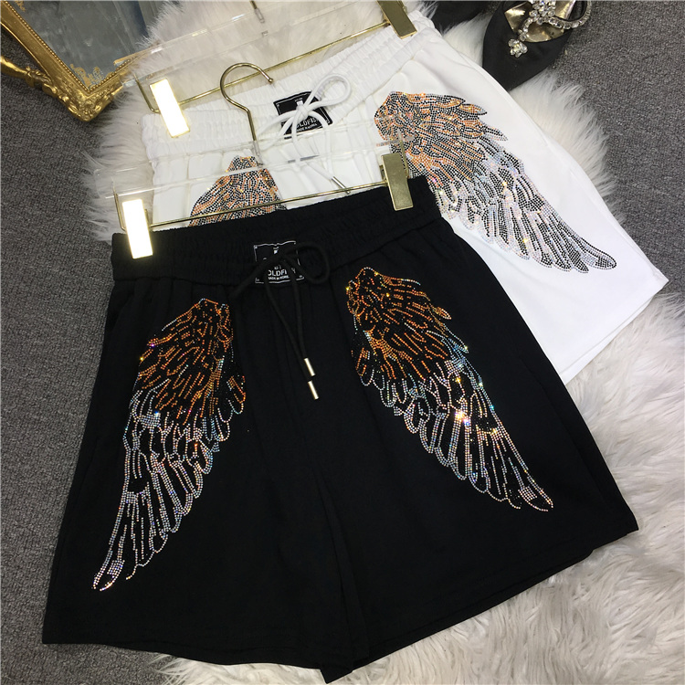 BlackEuropean goods heavy industry Hot drilling shorts 2021 new pattern ma'am wing shorts Show thin easy leisure time Thin Wide leg pants