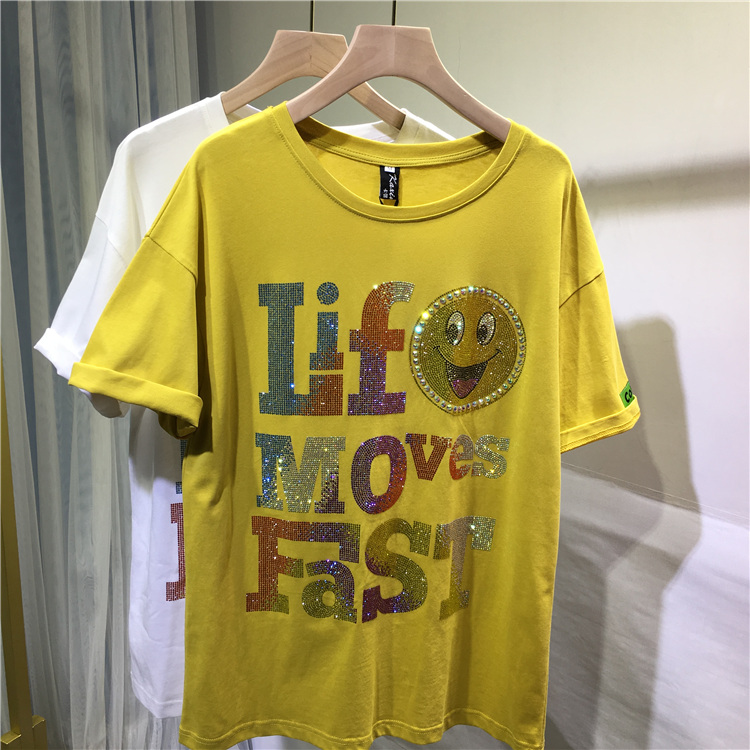 YellowEuropean goods heavy industry Hot drilling T-shirt ma'am Short sleeve smiling face Crew neck jacket easy Big size Versatile summer Fat mm leisure time