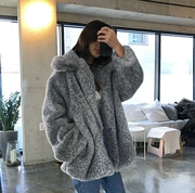 Mùa thu đông 2018 phiên bản Hàn Quốc của báo đốm trong chiếc áo cardigan dài lông thú thả lỏng ve áo lớn lông thỏ giả lông thú giả