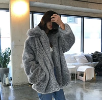 Mùa thu đông 2018 phiên bản Hàn Quốc của báo đốm trong chiếc áo cardigan dài lông thú thả lỏng ve áo lớn lông thỏ giả lông thú giả áo lông gile