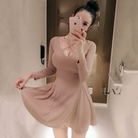 Thời trang gợi cảm dài tay treo cổ váy đáy quần Slim co giãn cỡ lớn nữ mùa thu cotton mỏng Hàn Quốc - Váy eo cao đầm nhún eo che bụng