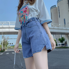 Джинсы женские 高腰牛仔短裤女夏季薄款小个子宽松外穿显瘦百搭开叉a字阔腿热裤