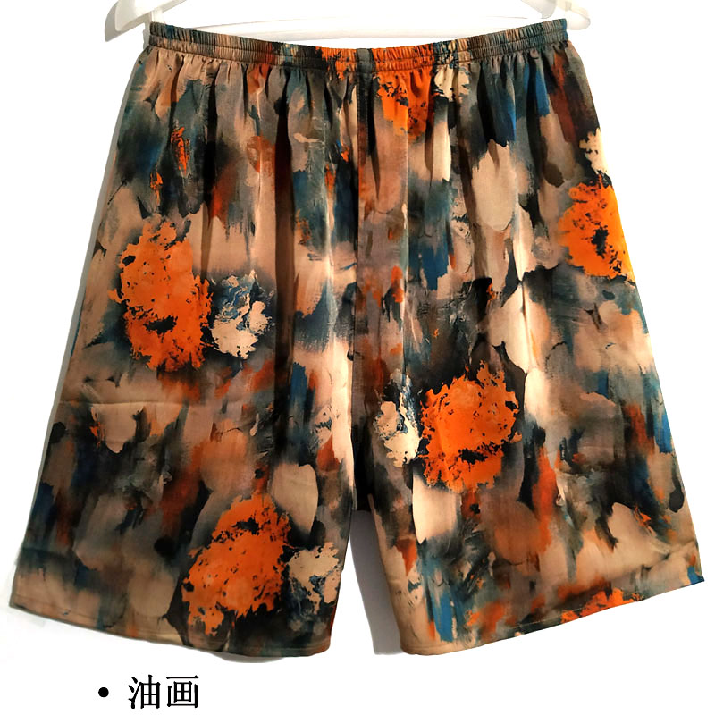 Oil Paintingreal silk shorts male summer Thin Pyjamas female Home Furnishing Half pants easy mulberry silk flower Beach pants Big size Large underpants