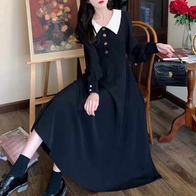 taobao agent Retro doll, black autumn demi-season long skirt, dress, French retro style, doll collar, maxi length, plus size
