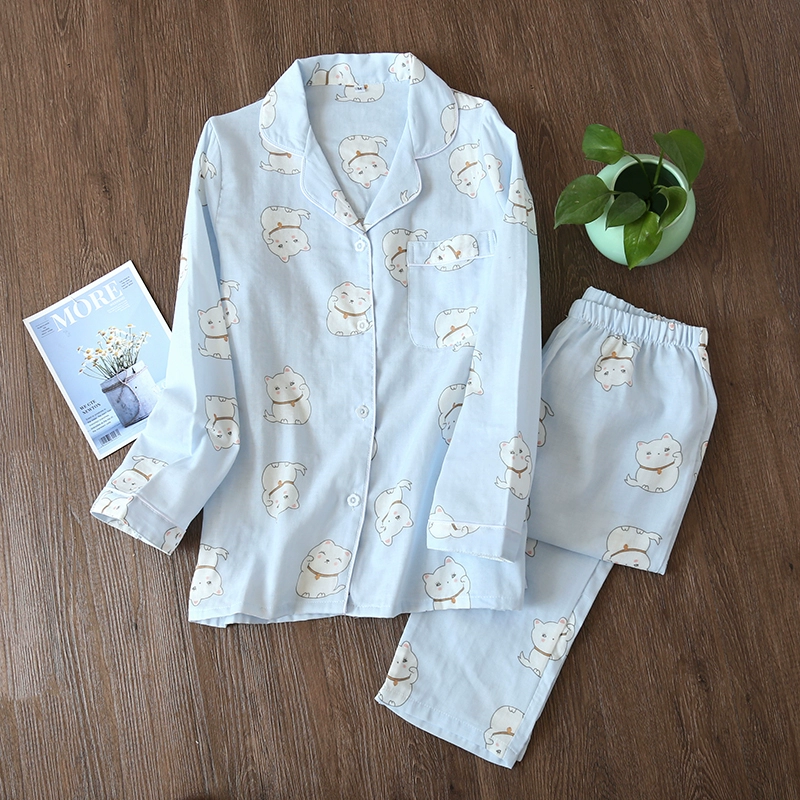 Bộ đồ ngủ bằng vải cotton tinh khiết dành cho phụ nữ mùa xuân và mùa thu quần dài tay áo cardigan mùa hè mỏng phong cách điều hòa nhiệt độ phòng nội thất ở nhà rộng rãi và thoải mái - Bên ngoài ăn mặc