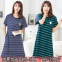 Chất béo mm ngắn tay sọc đồ ngủ nữ mùa hè bông lỏng Hàn Quốc phiên bản của nightdress mùa hè cộng với phân bón XL 200 kg vay mac nha dep