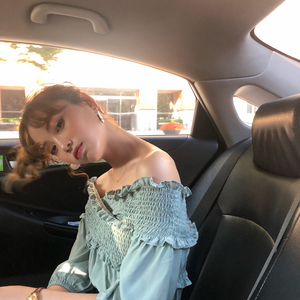 [ELINASEA] Xiaohai tự chế nhỏ tươi từ cổ áo off-the-vai tai pleat ngắn tay áo sơ mi nữ