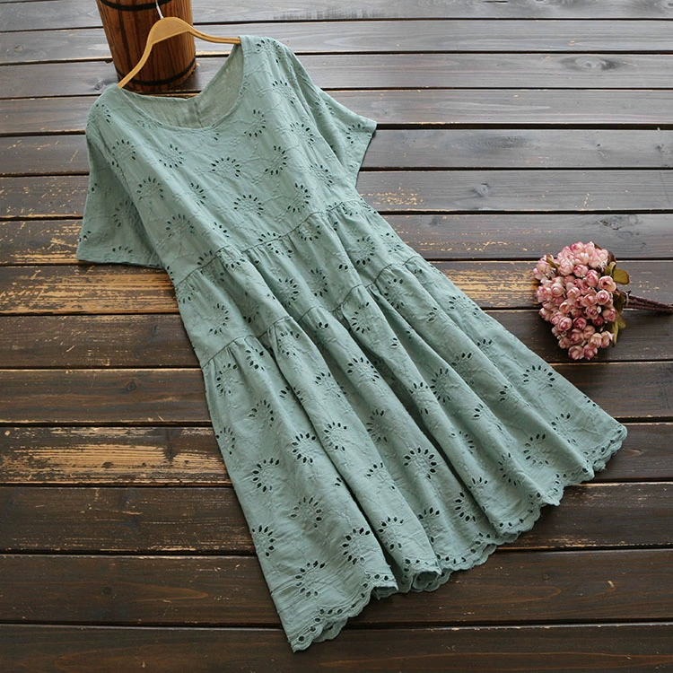 6436 mùa hè mới của phụ nữ phiên bản Hàn Quốc của váy rỗng thêu màu rắn một váy váy cotton váy búp bê - A-Line Váy