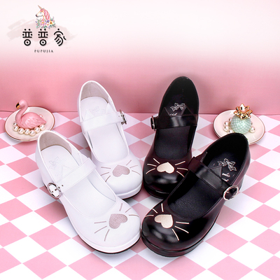 taobao agent Pop's new round head large size lolita shoes thick heel embroidery cat love cat ears princess shoes 8967