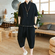 Set quần áo nam phong cách Trung Quốc Hanfu retro gió Phật quần ngắn tay cộng với phân bón XL chất béo mùa hè - Trang phục dân tộc