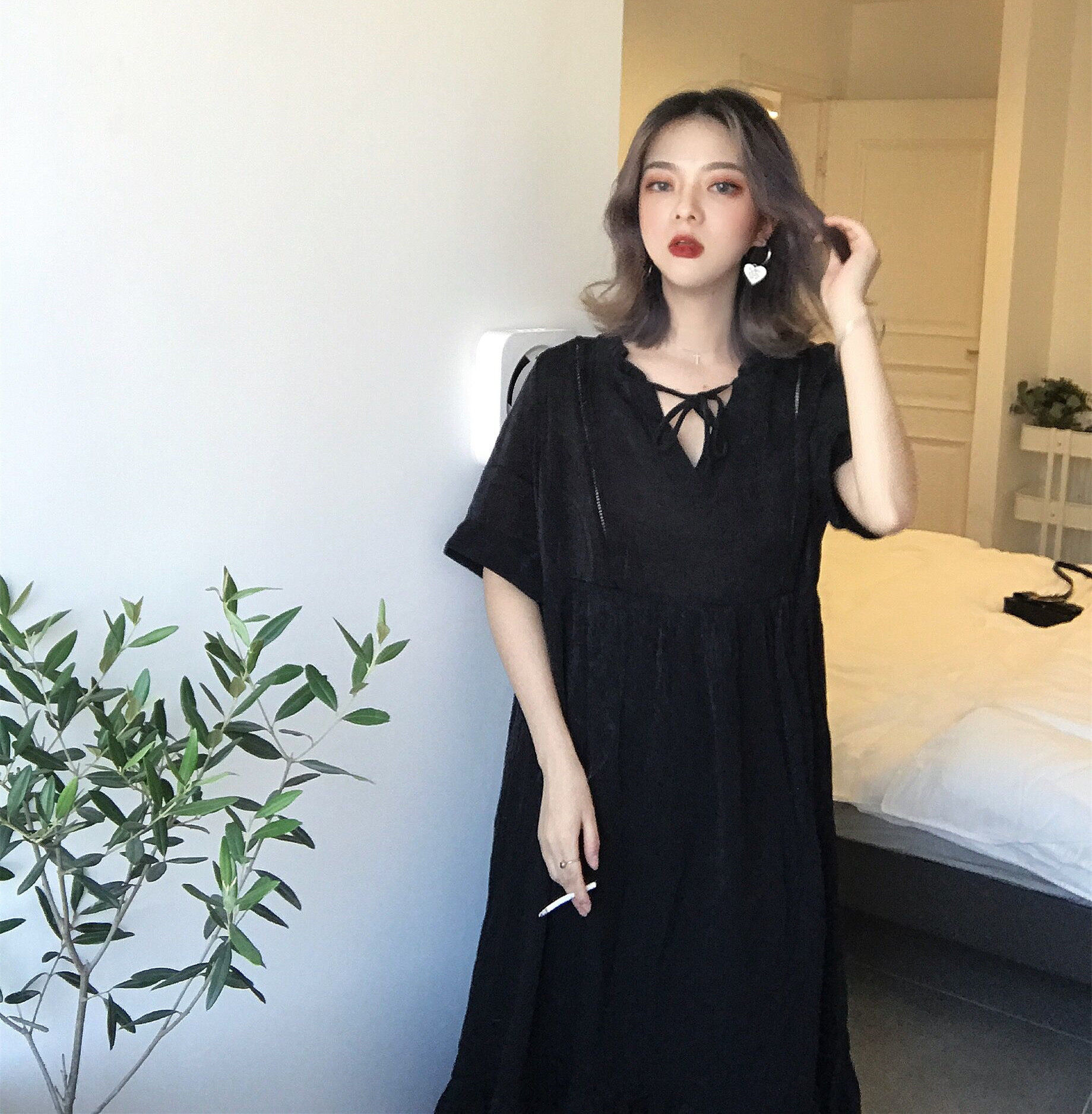 实拍720#韩版chic超美心机雪纺短袖v领宽松显瘦仙女款长裙