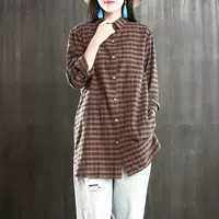 Văn chương kẻ sọc retro cotton dài tay áo sơ mi nữ mùa thu BF áo gió dài đoạn thả lỏng áo cardigan - Áo sơ mi dài tay 	áo sơ mi nữ cổ sen tay dài