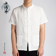 春夏男士中国风棉麻衬衫青年短袖唐装薄款盘扣亚麻T恤男宽松衬衣