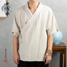 夏季古代短袖汉服男中国风棉麻宽松T恤青年复古唐装大码V领古装男