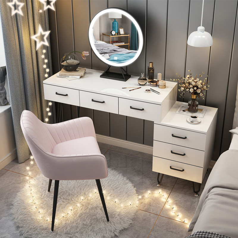 Black 100 Table + Three Color LED Mirror + Net Red Chair + CabinetNorthern Europe dresser bedroom Internet celebrity Ins wind Modern simplicity Large-sized apartment Dressing table female small-scale dresser With lamp