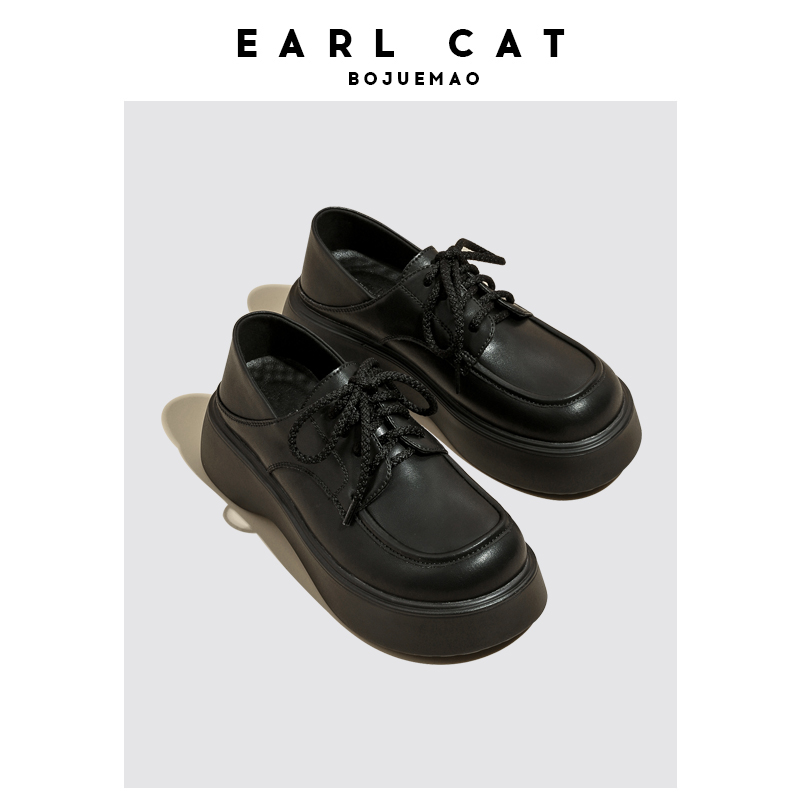 Earl Cat Small Leather Shoes Women's 2023 New Autumn and Winter Fleece-lined Shoes Academy Style Thick Sole Shoes Genuine Leather Loafers Women