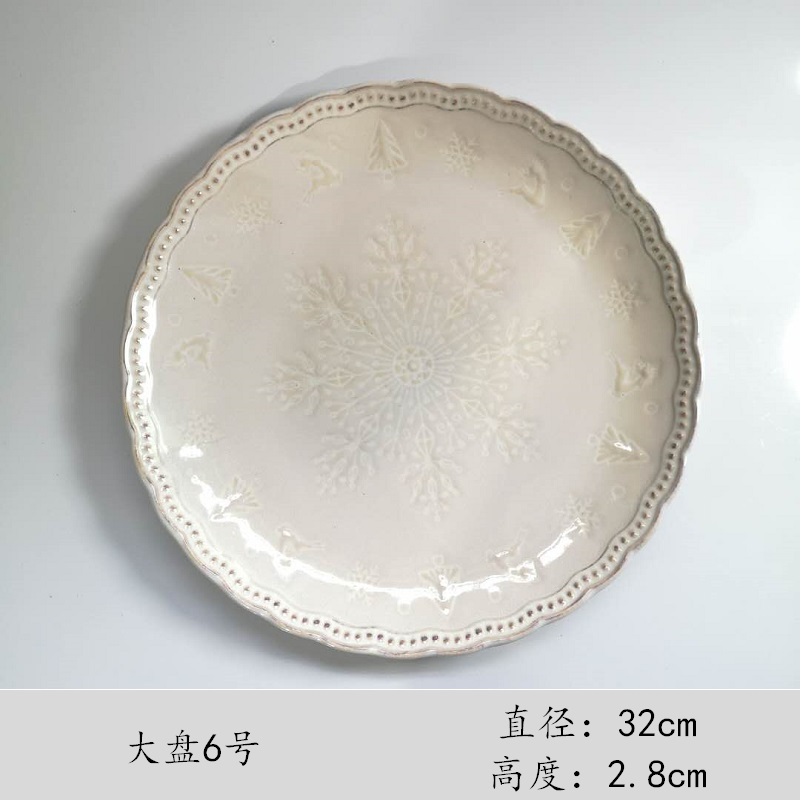 13 Inch Steak Plate Milky White11 inches plate ceramics household serving plate tableware originality Dinner plate relief Japanese  Steak plate Northern Europe Market Western-style food
