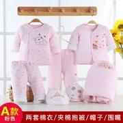 Hộp đựng quần áo trẻ em 0-3 tháng 6 bộ mùa đông sơ sinh cho bé sơ sinh với quần cotton ấm O1 cộng với quần cotton