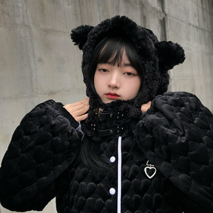Rusty Cat/Japanese Warm Thick Gloves Women's Winter Versatile Rabbit Fur Hat Two-piece Set I am collecting bears