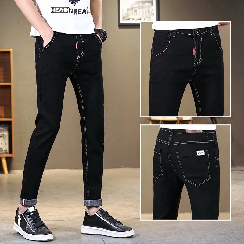 Spring and summer new jeans men's elastic slim feet casual all-around elastic pants men's Korean trend brand