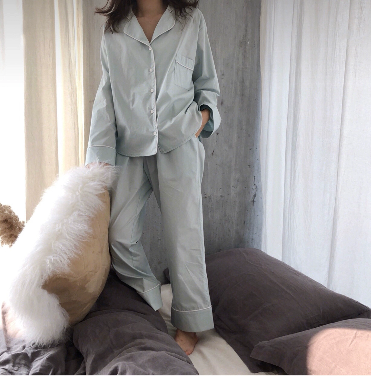 Niche thiết kế đồ ngủ cô gái tươi bạc hà sữa màu xanh lá cây cao cotton giản dị lỏng lẻo có thể được mặc vào đầu mùa thu - Bộ Pajama
