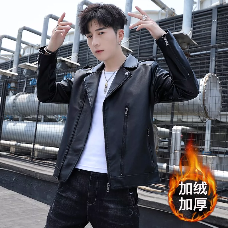 Tide thương hiệu 2019 thu đông mới xu hướng nam Hàn Quốc Slim youth áo khoác da xe máy nam áo khoác cộng với nhung - Quần áo lông thú