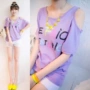Phụ nữ của phiên bản Hàn Quốc năm 2018 màu chữ thường không đối xứng quây T-shirt mẹ nạp bông áo sơ mi lỏng 5000 áo phông ngắn tay