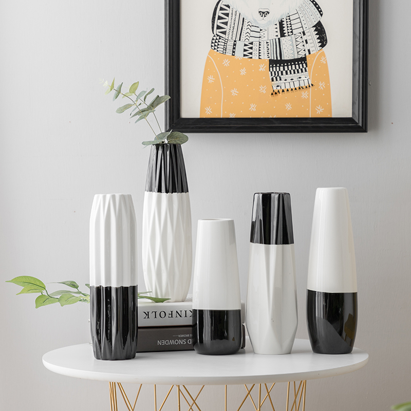 2023爆款30cm 白色陶瓷花瓶黑色平口简约折纸装饰花器可装水家居客厅玄光图