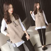 Bà bầu phù hợp với mùa thu mẫu thời trang 2018 mới thêu áo len thêu vest + áo thun dài tay hai dây set đồ mẹ thủy triều