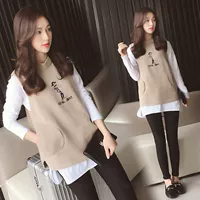 Bà bầu phù hợp với mùa thu mẫu thời trang 2018 mới thêu áo len thêu vest + áo thun dài tay hai dây set đồ mẹ thủy triều đầm bầu sát nách