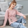 Bộ đồ ngủ nữ mùa xuân và mùa thu cotton dài tay phần mỏng phiên bản Hàn Quốc của các sinh viên cỡ lớn rơi ra ngoài mặc mùa đông phục vụ tại nhà các kiểu đồ bộ may đẹp