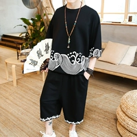 Trung quốc in ấn phong cách t-shirt nam ngắn tay phù hợp với cộng với phân bón XL mùa hè lỏng hai mảnh cắt quần Tang phù hợp với quần giữ nhiệt nam