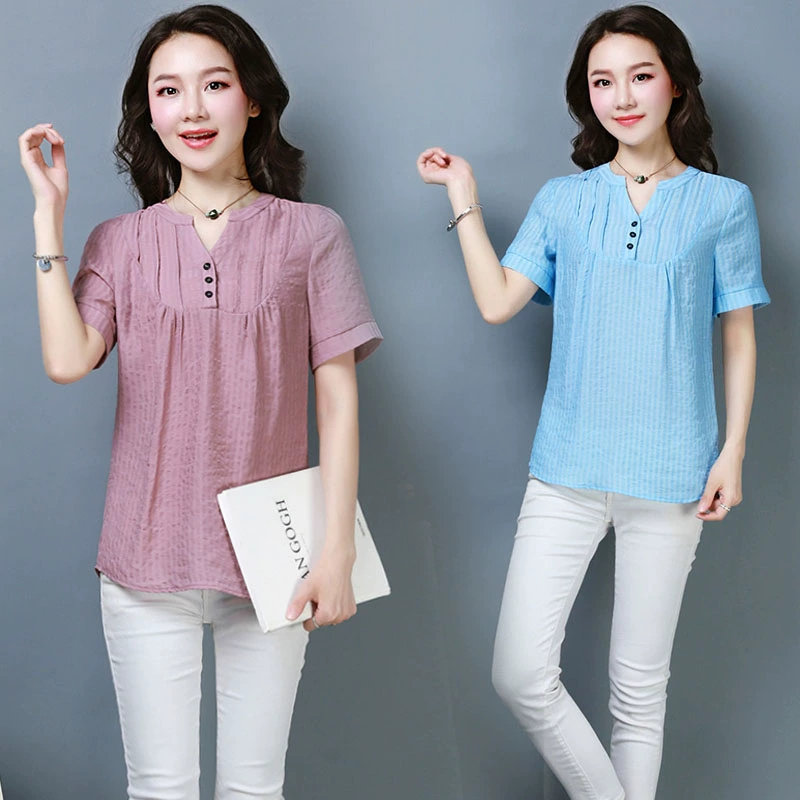 Shen Yidu Xuân / Hè 2021 thời trang mùa hè mới của phụ nữ áo thun cotton và vải lanh kết hợp hàng đầu 8213 - Áo sơ mi