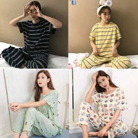 Quần ngủ ngắn tay nữ mùa hè cotton phiên bản Hàn Quốc của phụ nữ cotton tháng hoạt hình dịch vụ tại nhà phù hợp với bộ đồ hai mảnh giản dị pijama đôi